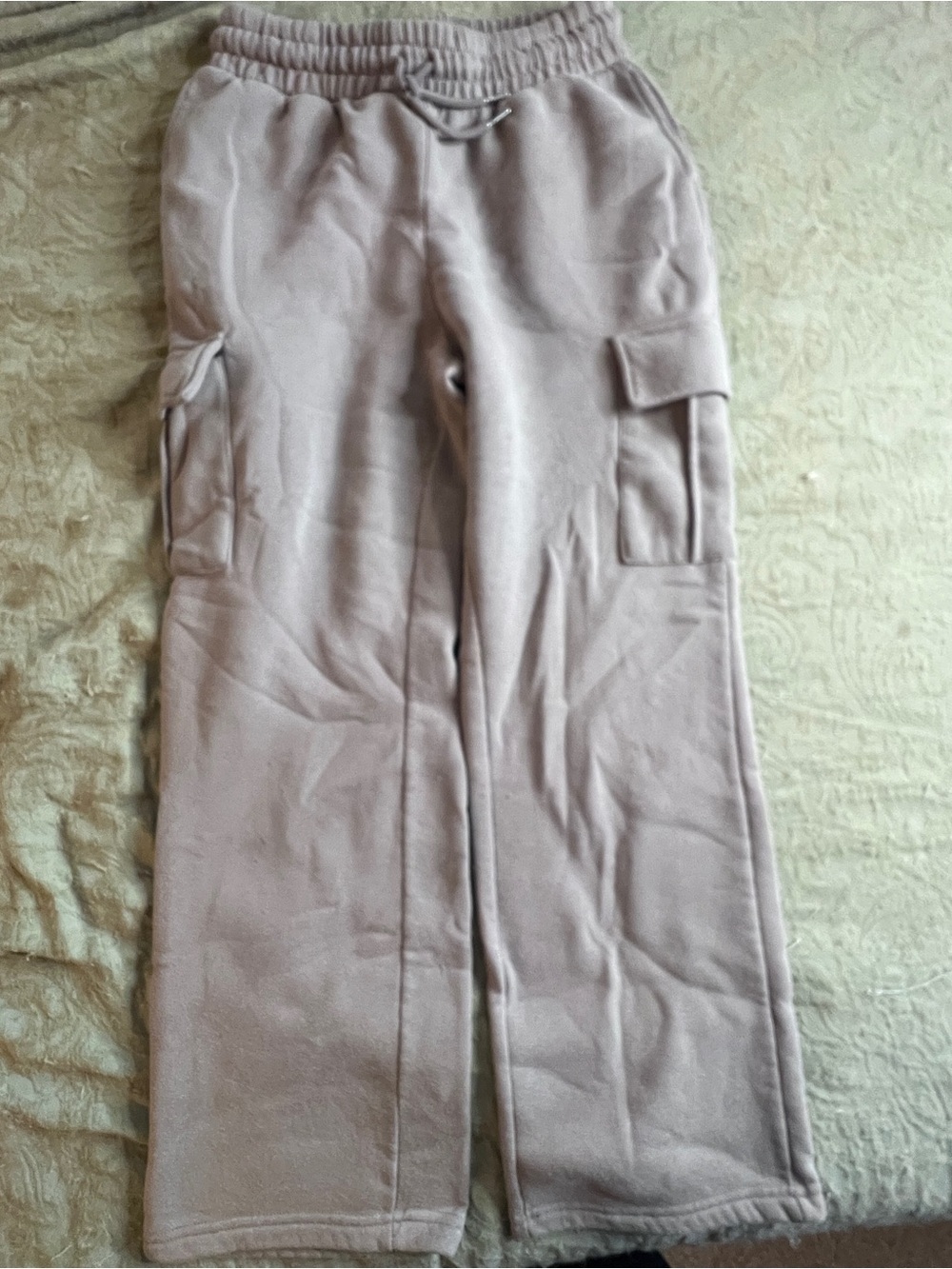 Women’s Wide Leg Cargo Casual Utility Taupe Sweatpants Size L Comfy Loungewear